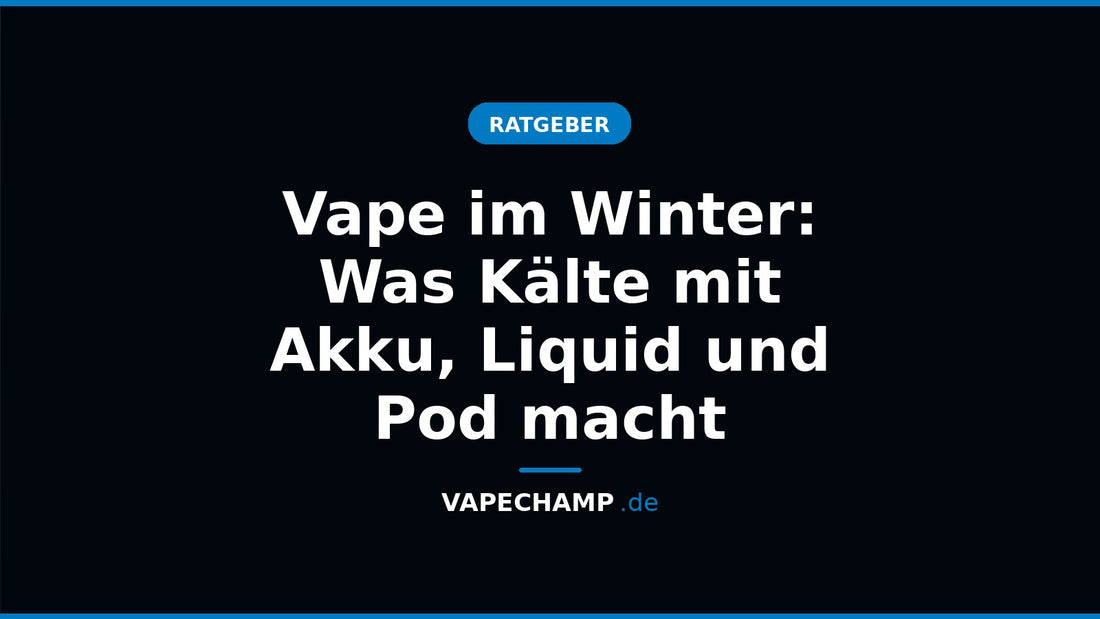 E-Zigarette mit Pod auf einem verschneiten Holztisch neben Handschuhen
