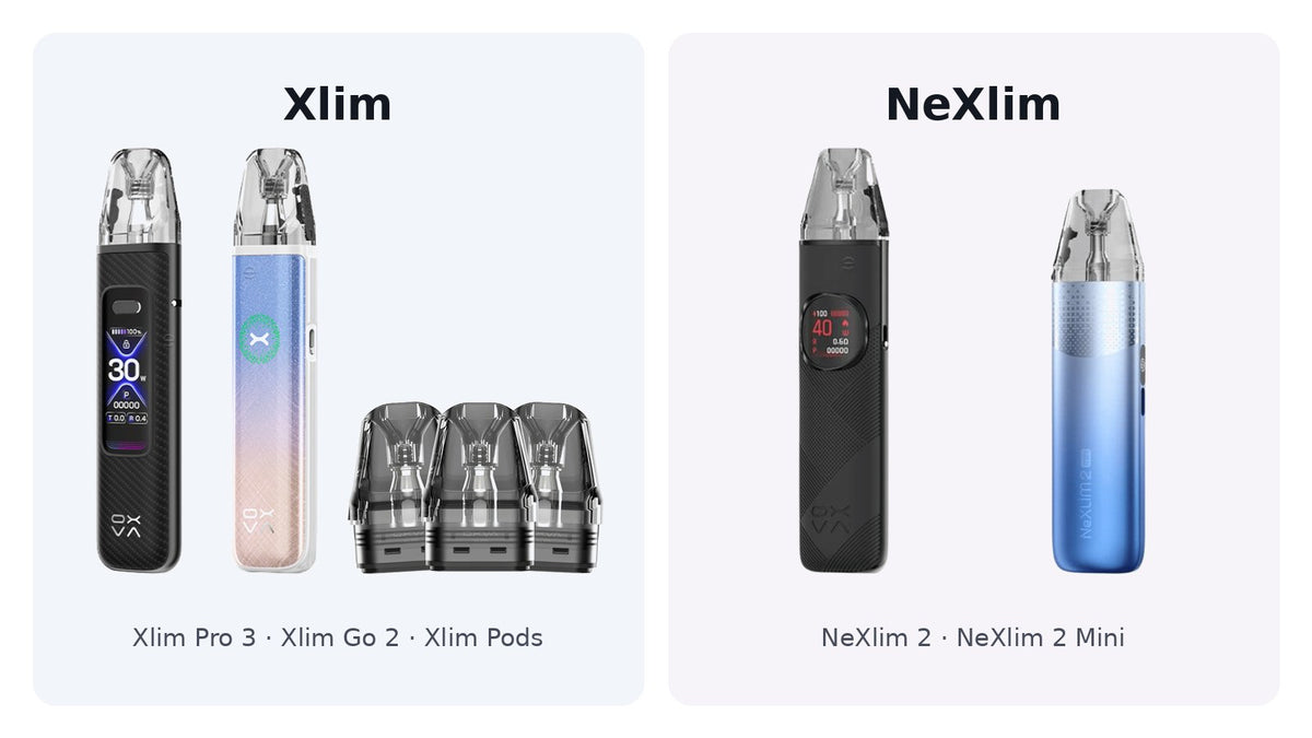OXVA Xlim Pro 3, Xlim Go 2 und Xlim Pods neben NeXlim 2 und NeXlim 2 Mini