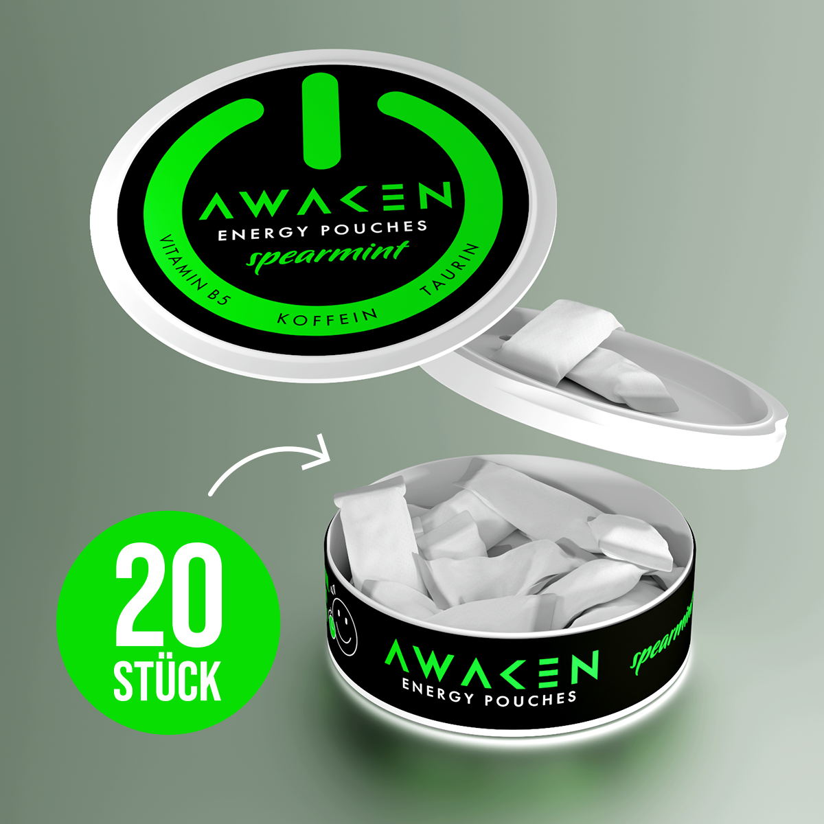 AWAKEN Energy Pouches mit Koffein, Taurin, Vitamin B5 ohne Zucker & Nikotin AWAKEN