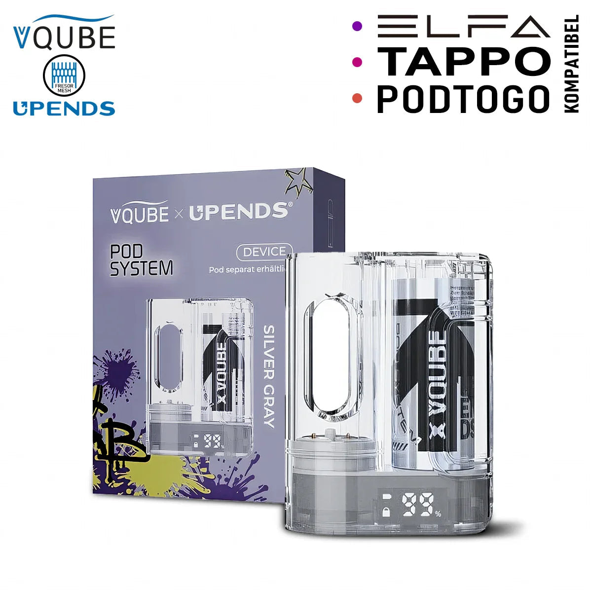 Vqube Upends Pod System with Silver Gray Device, compatible with Elfbar ELFA, Tappo, and Pod2Go.