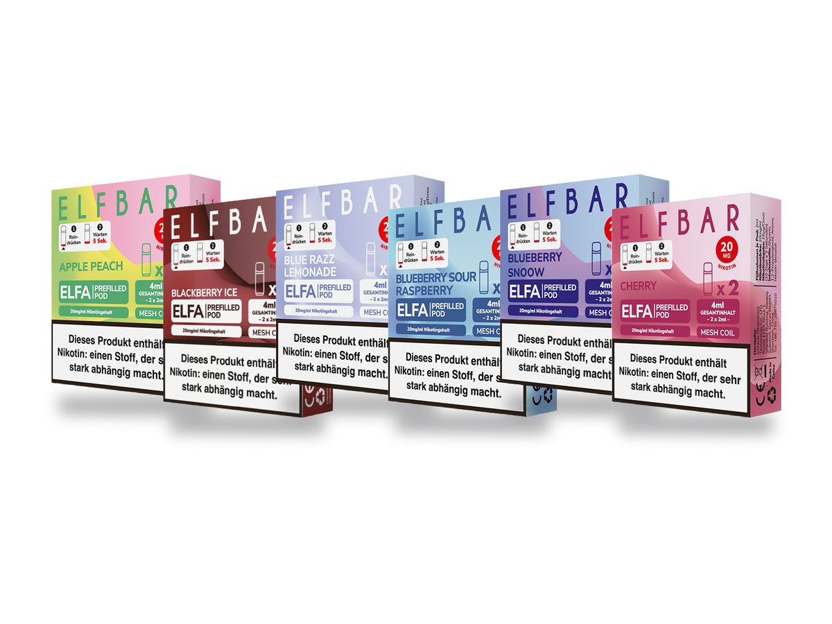 Elfbar ELFA Pods – Sortenübersicht: Apple Peach, Blackberry Ice, Blue Razz Lemonade, Blueberry Sour Raspberry, Blueberry Snoow, Cherry