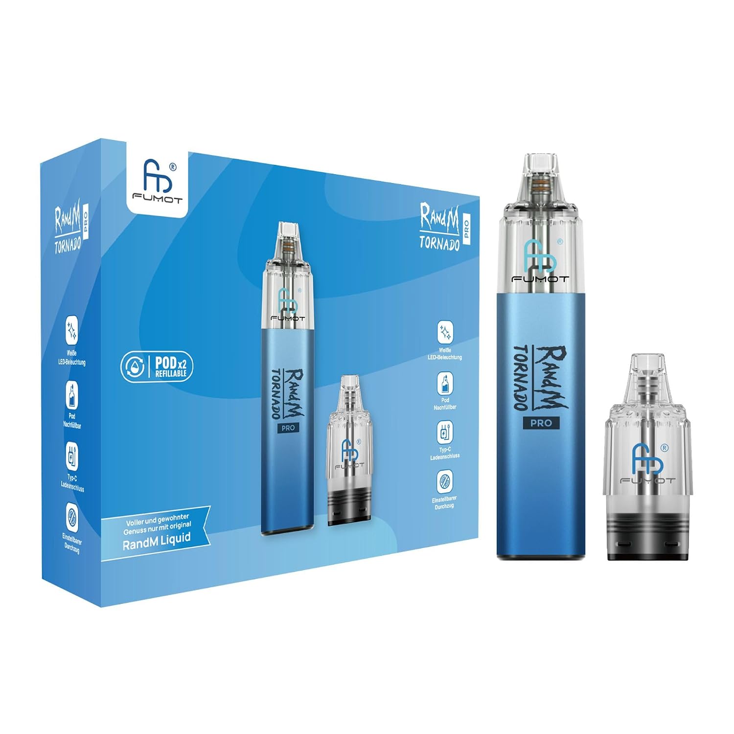 RandM Tornado Pro Pod Kit Blau – nachfüllbar, 600 mAh, USB-C