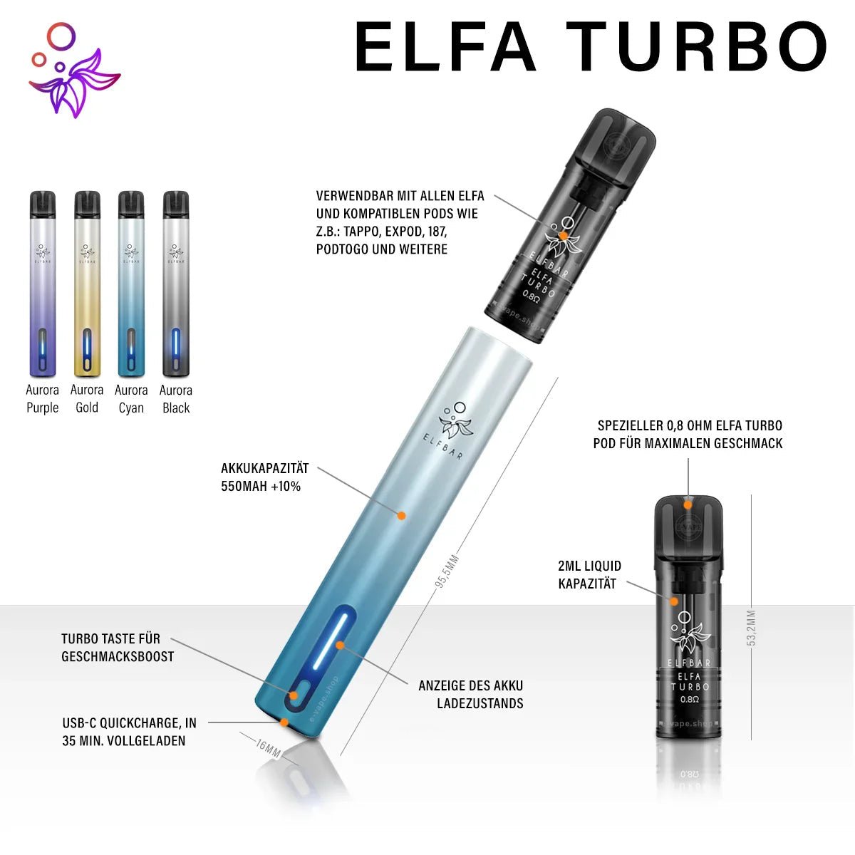 ELFA Akku Turbo mit Geschmacksboost von Elfbar - Vapechamp.de
