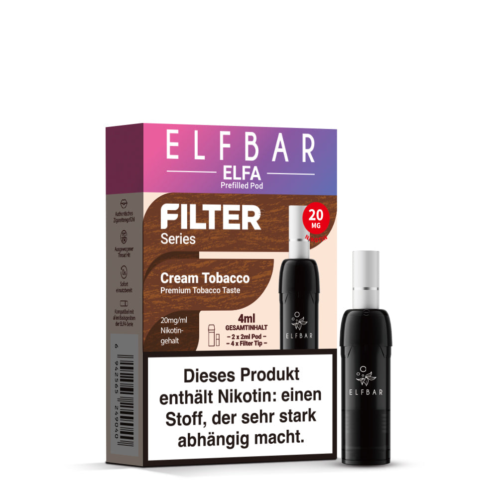Elfbar ELFA Pods Filter Series Cream Tobacco 20 mg/ml – Packung mit 2 Pods und 4 Filter-Tips