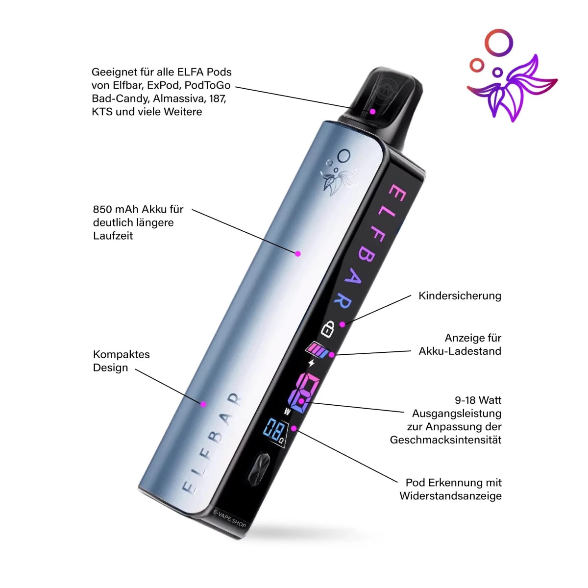 Elfbar ELFA Master 850mAh Akku mit Geschmackseinstellung - Vapechamp.de