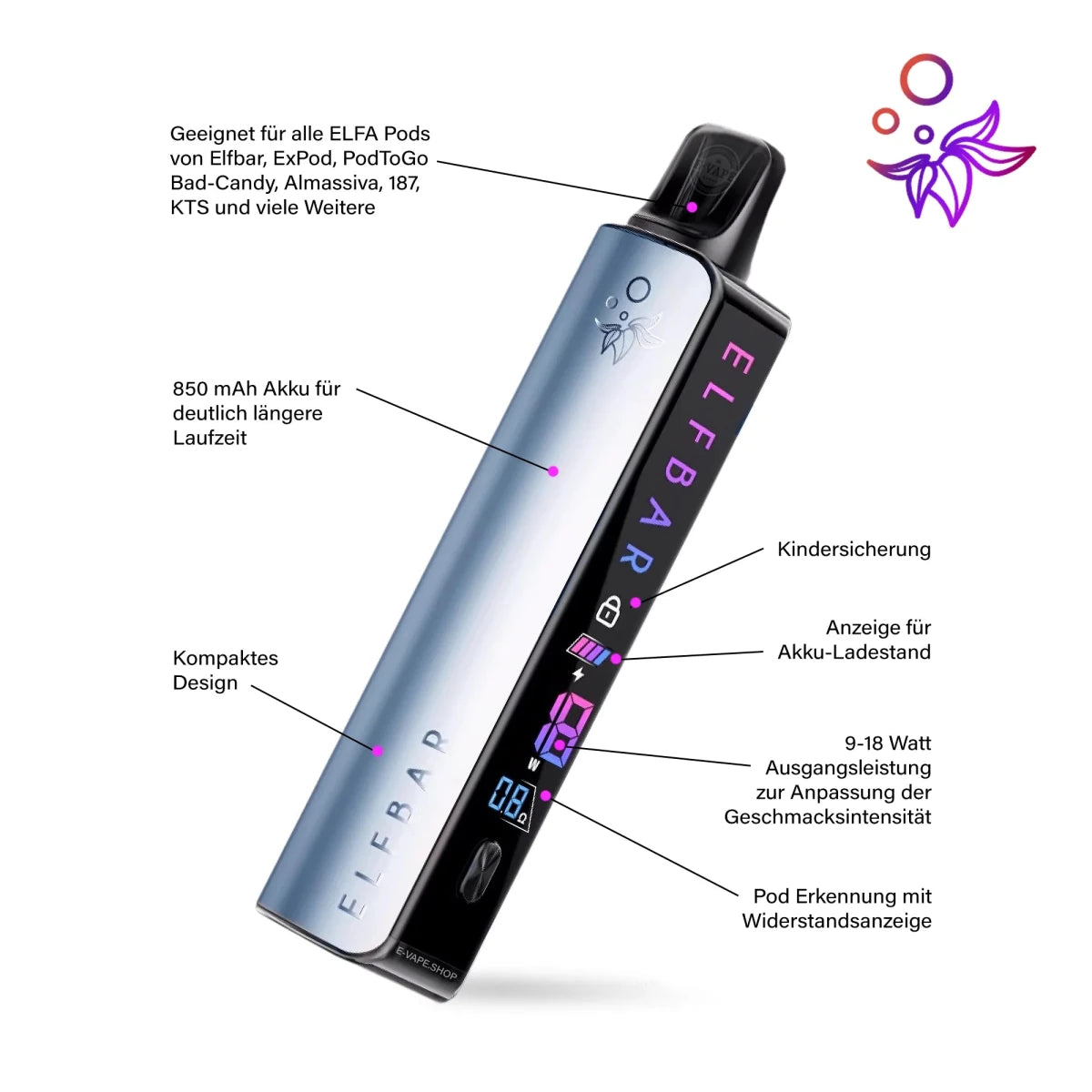 Elfbar ELFA Master 850mAh Akku mit Geschmackseinstellung - Vapechamp.de