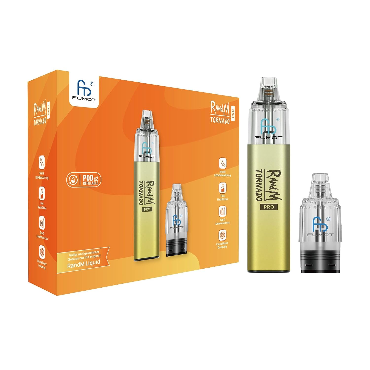 RandM Tornado Pro Pod Kit Gelb – nachfüllbar, 600 mAh, USB-C