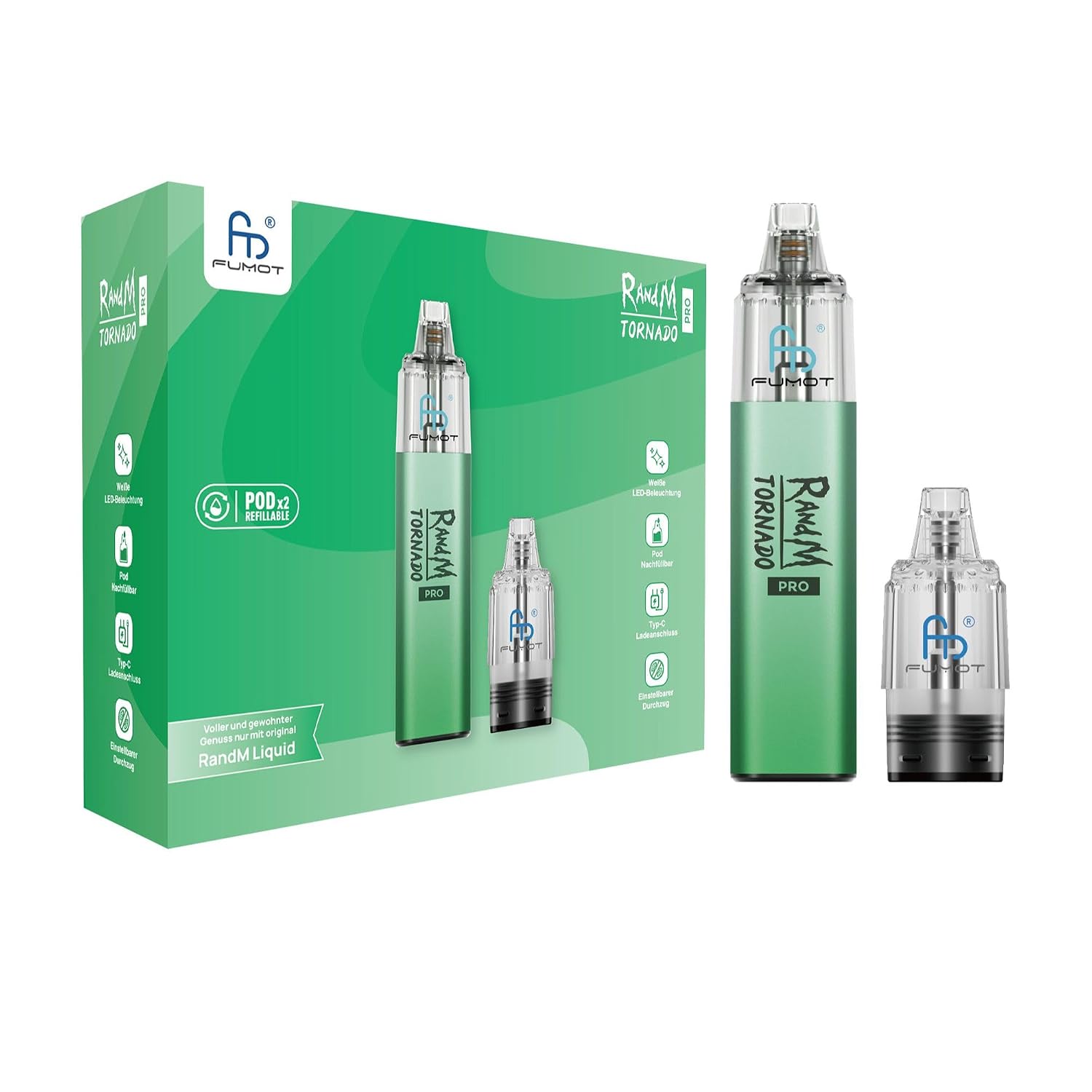 RandM Tornado Pro Pod Kit Grün – nachfüllbar, 600 mAh, USB-C