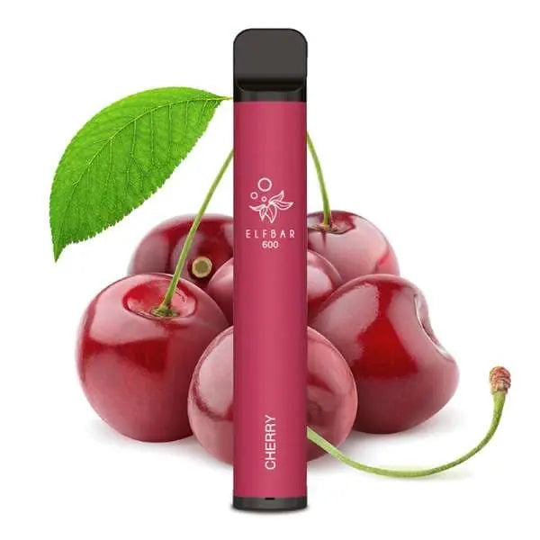 Rote Elfbar600 Vape im Geschmack Kirsche, welche im Hintergrund mit ganzen Kirschen dargestellt wird