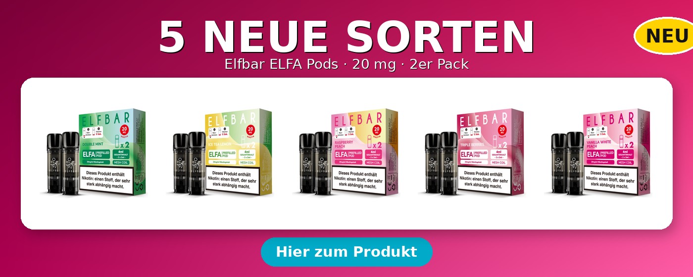 Fünf neue Elfbar ELFA Pods Sorten – Double Mint, Ice Tea Lemon, Raspberry Peach, Triple Berries, Vanilla White Peach