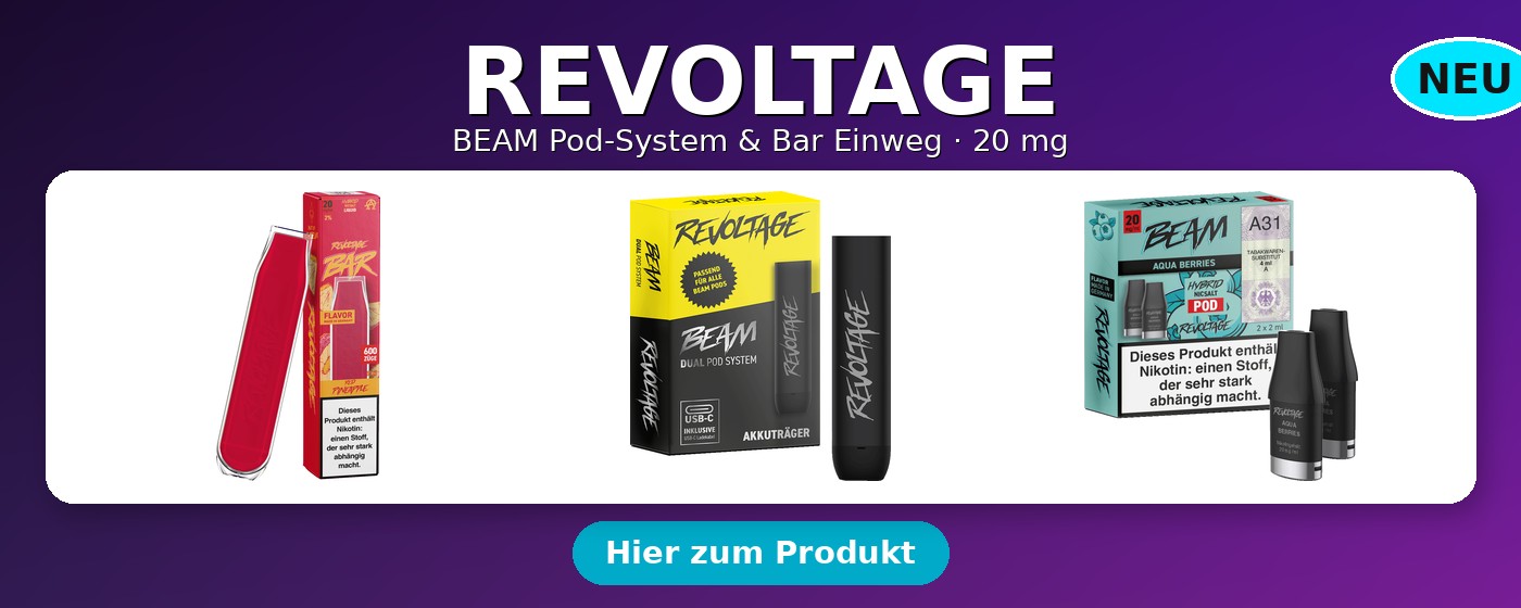 Revoltage BEAM Pod-System und Revoltage Bar Einweg-Vape – jetzt neu bei Vapechamp